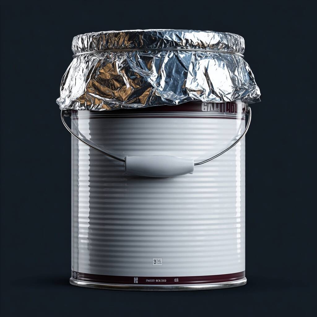 AI rendering of a paint can wrapped in aluminum foil at the top