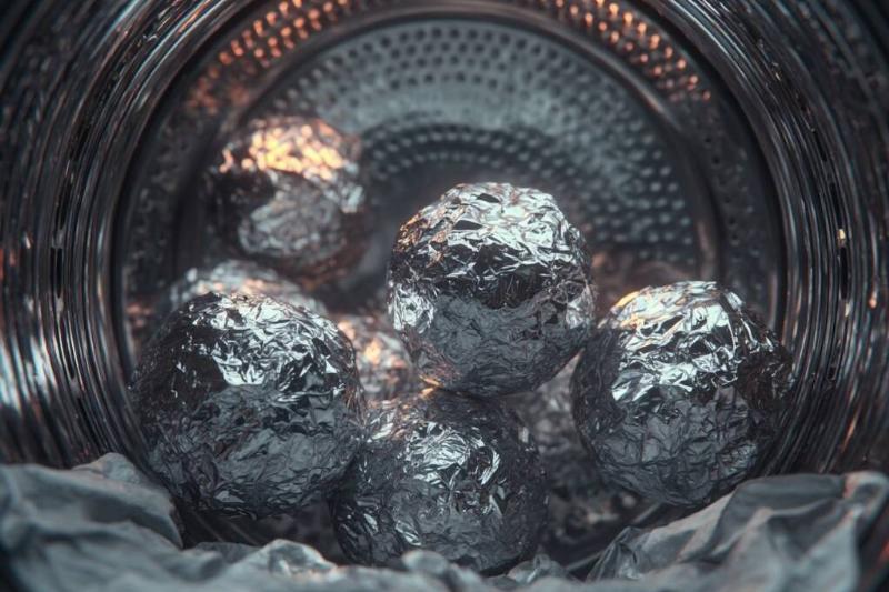 AI rendering of aluminum foil balls atop fabric in a dryer