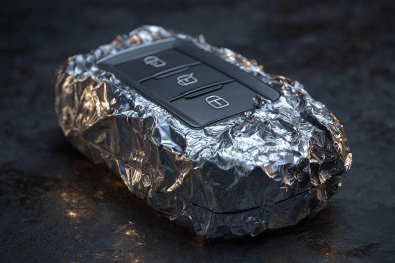 AI rendering of a car fob, placed on a black surface, wrapped in tin foil
