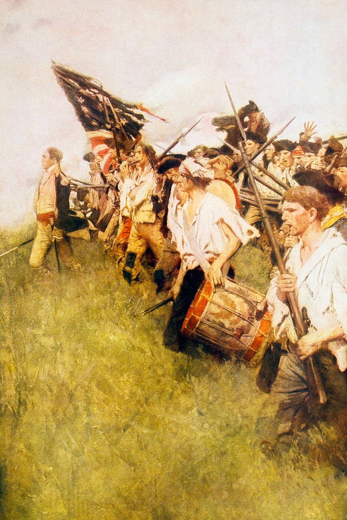 Drawing of Continental Army soldiers walking with the American flag, drums and rifles