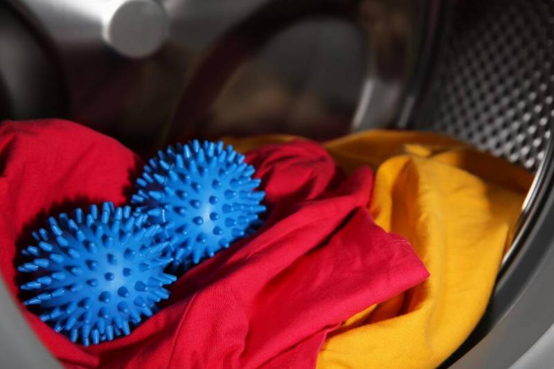 Plastic dryer balls in a dryer. 