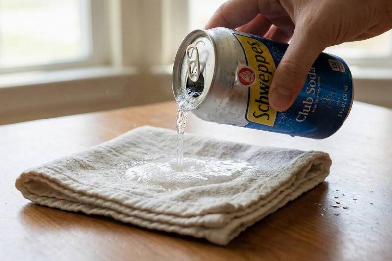 A little bit of club soda being poured on a cloth.