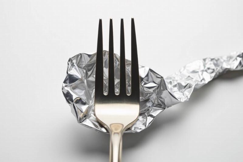 Silver fork, against a white backdrop, placed atop a small piece of aluminum foil