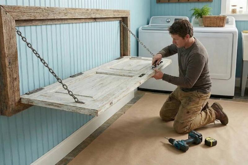 A man attaching hinges to the hanging door.