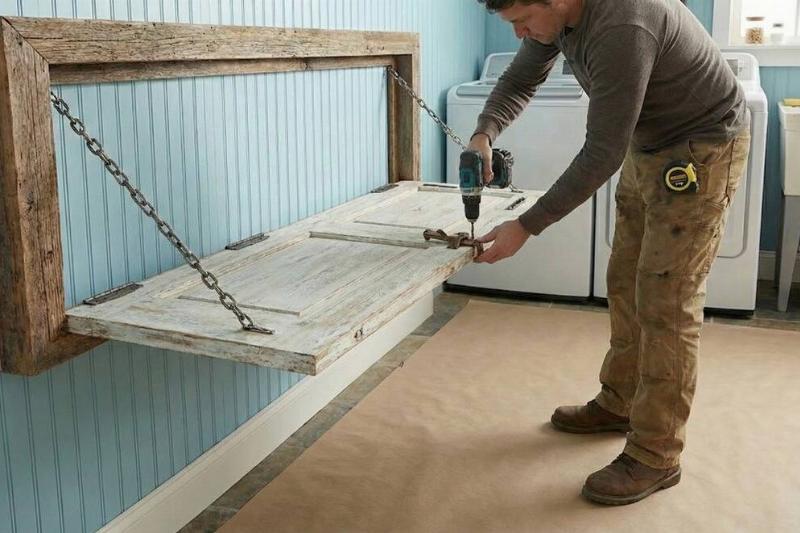 A man attaching the latch to the top of the door. 
