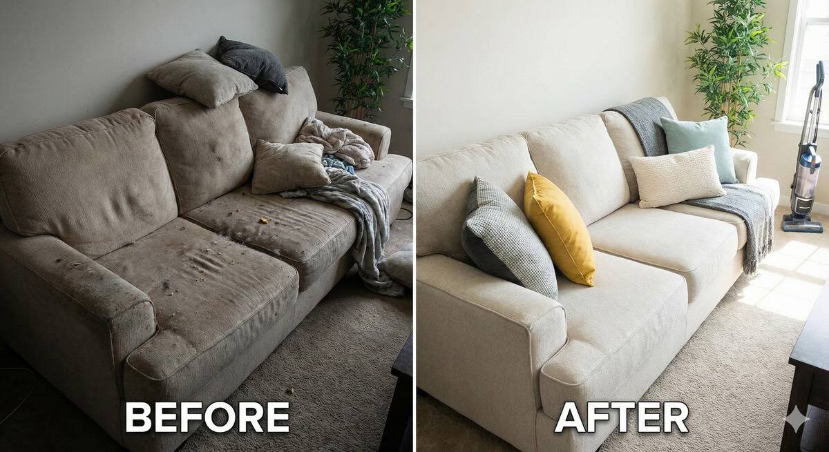 Before and after photo of a couch that has been cleaned. 