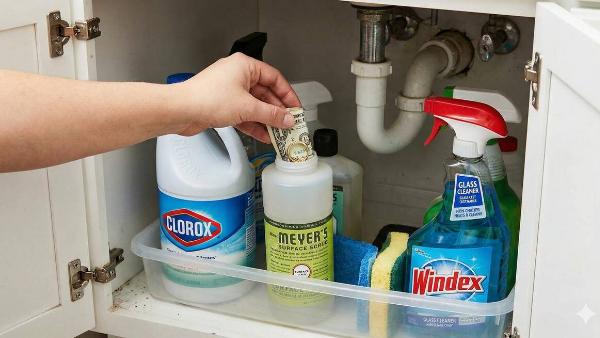 Cash being hid in an old bottle of cleaning products under the sink. 