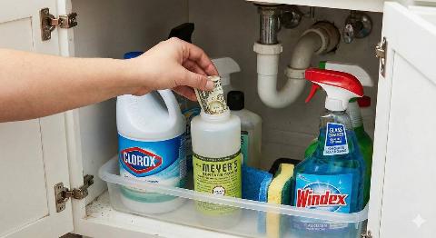 Cash being hid in an old bottle of cleaning products under the sink. 