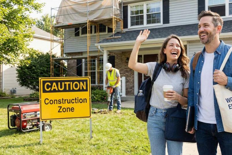 Пара уходит из дома, чтобы работать в другом месте. Пара покидает строящийся дом, чтобы работать в другом месте.