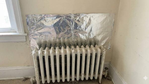 Aluminum foil attached to a wall behind a radiator.