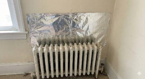 Aluminum foil attached to a wall behind a radiator.