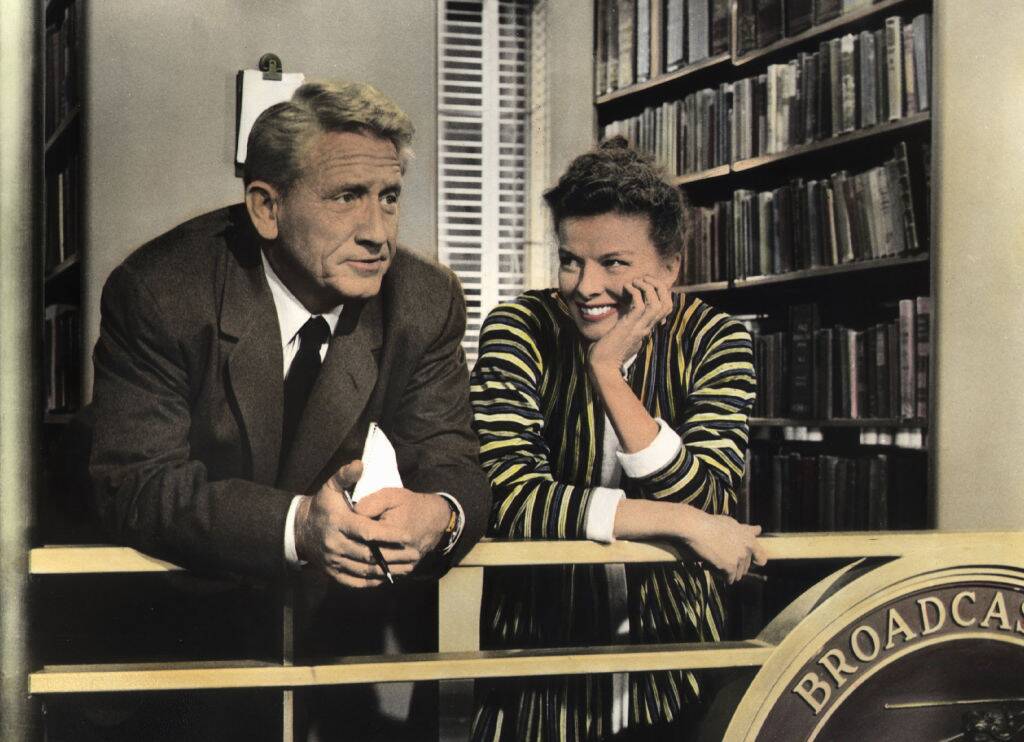 Spencer Tracy and Katharine Hepburn as Richard Sumner and Bunny Watson in 'Desk Set'