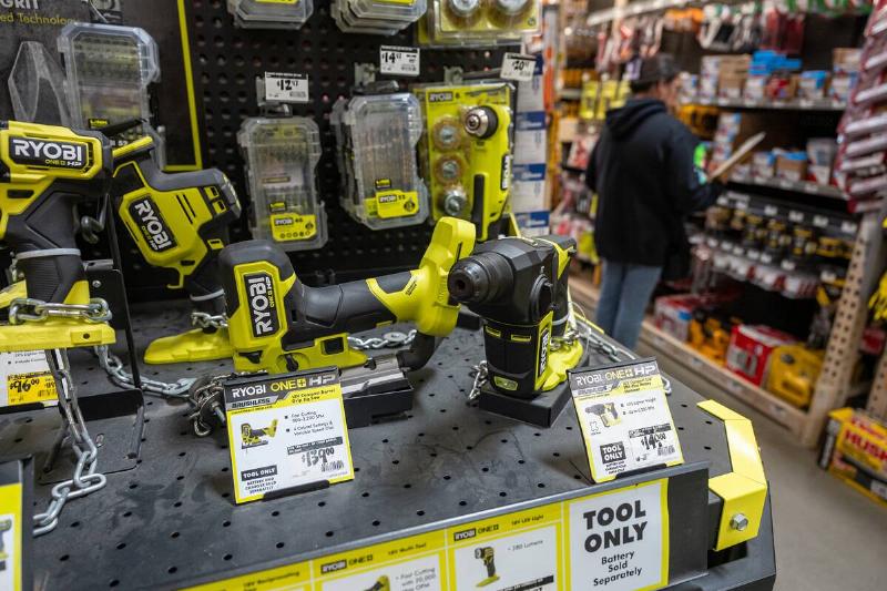 Ryobi Ltd. power tools displayed for sale inside a Home Depot store.