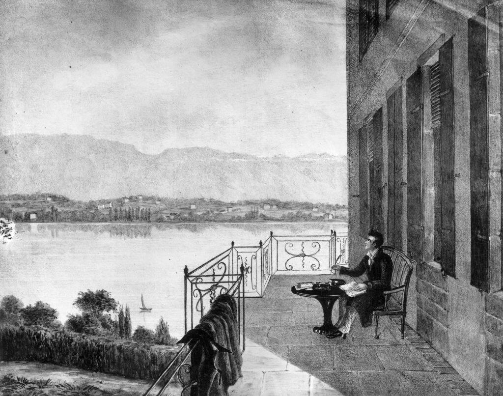 Artwork showing Lord Byron sitting on a balcony, looking out at Lake Geneva