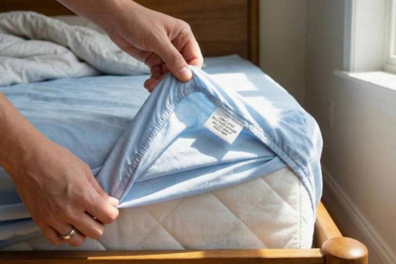 A hand putting a fitted sheet on a mattress, showing the care tag in the bottom right corner.