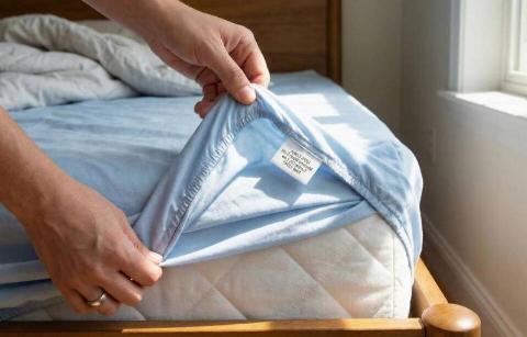 A hand putting a fitted sheet on a mattress, showing the care tag in the bottom right corner.