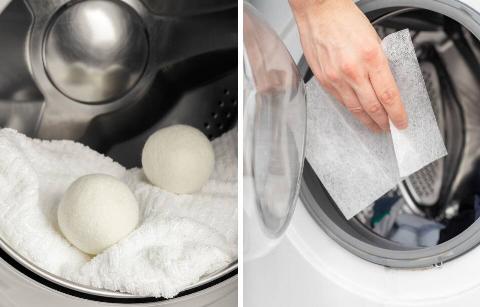 Split image of dryer balls and a hand putting a dryer sheet in the dryer.