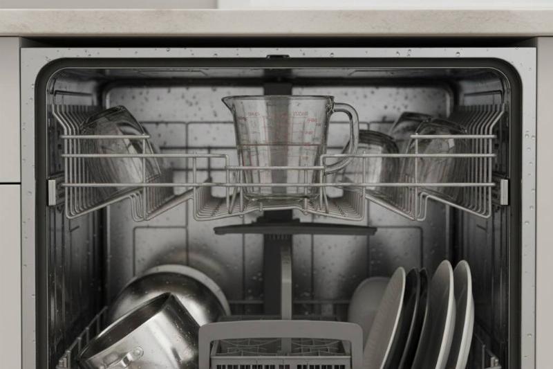 A cup of vinegar on the top rack of a dishwasher.