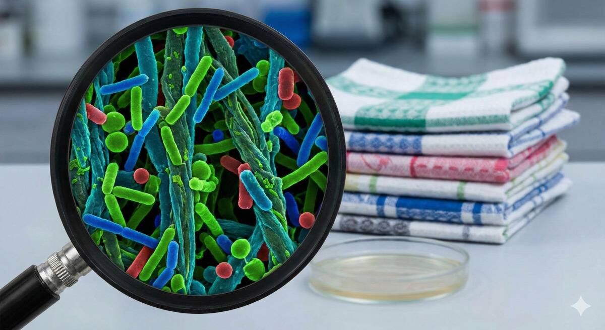 Bacteria under a microscope in front of kitchen towels. 