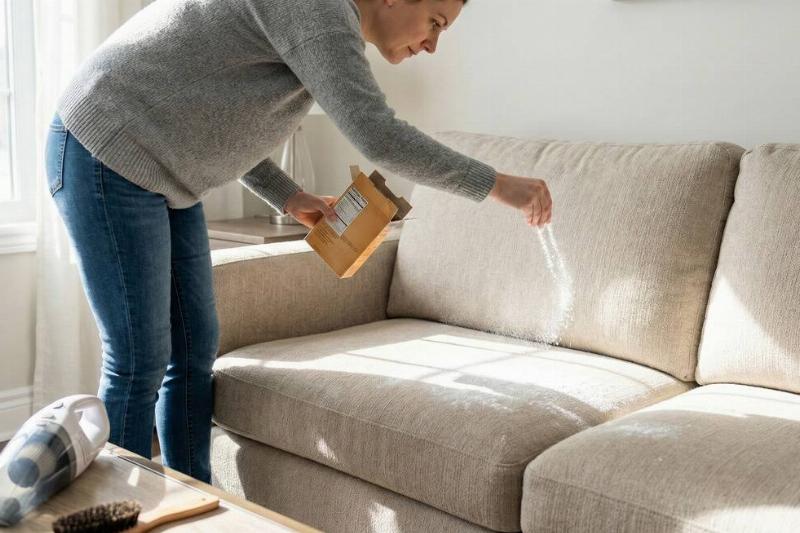 Woman sprinkling baking soda on couch.
