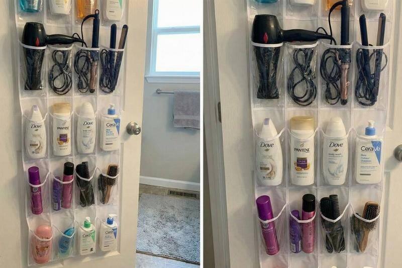 A shoe organizer holding products on the back of a bathroom door.