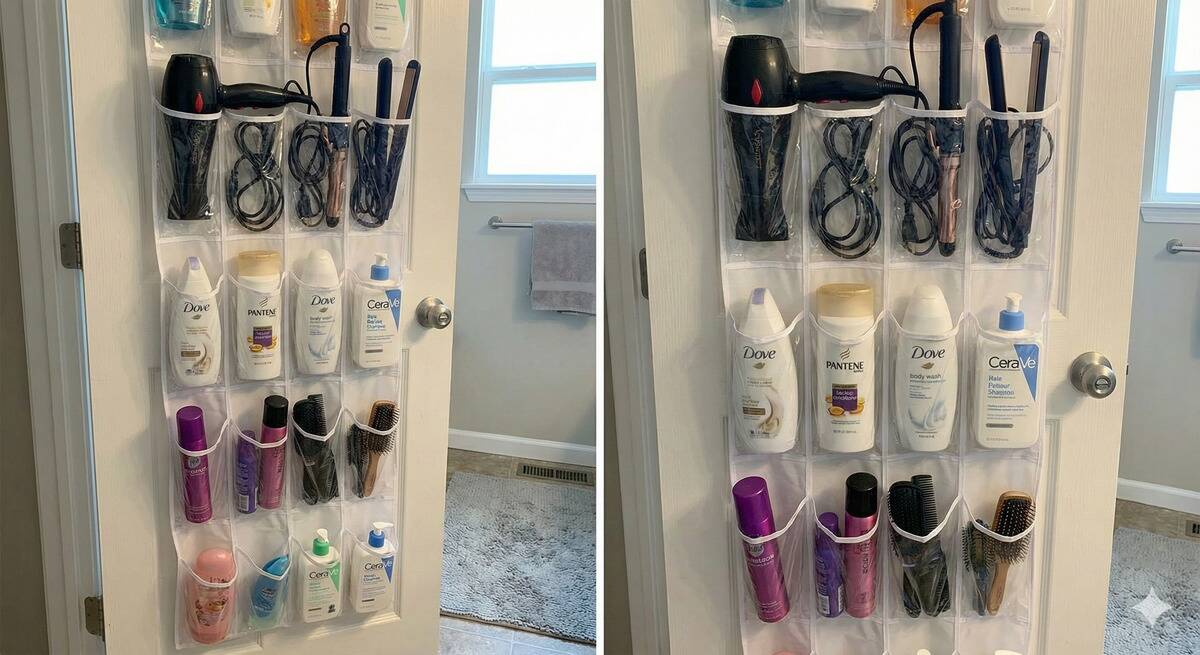 A shoe organizer holding bathroom products on the bathroom door. 