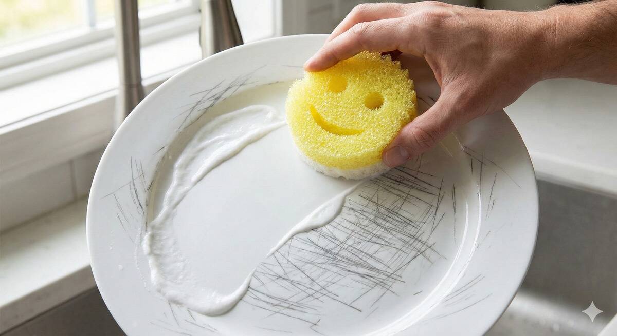 A hand using a Scrub Daddy to wash scratches off of a plate. 