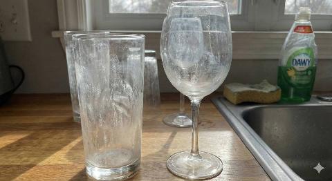 Cloudy glassware on counter. 