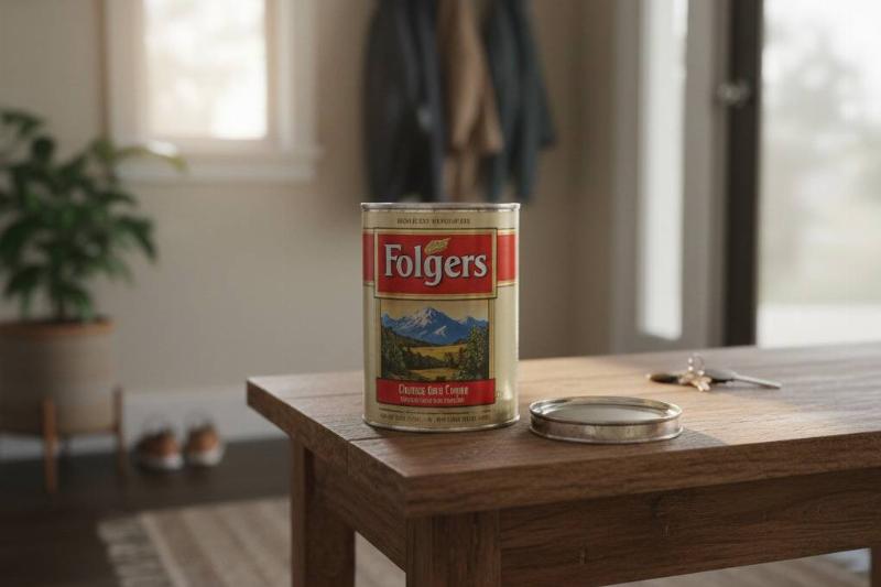 A coffee can on a small table by the entryway of a house.