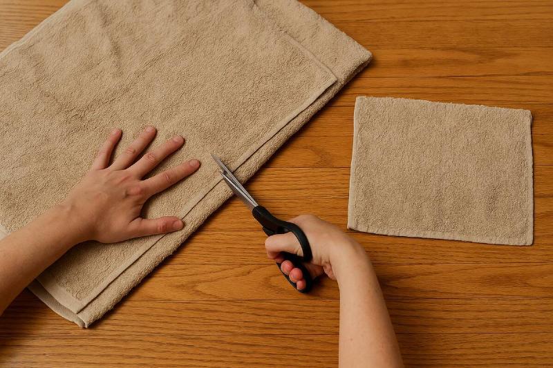 Hands cutting an old towel into rags. 