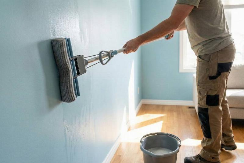 A damp mop being used to wash walls. 