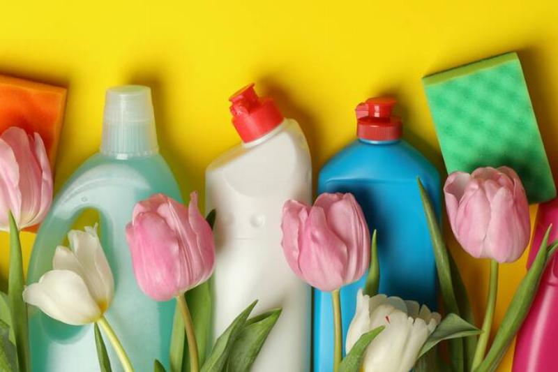 Detergents, sponges and tulips on a yellow background.