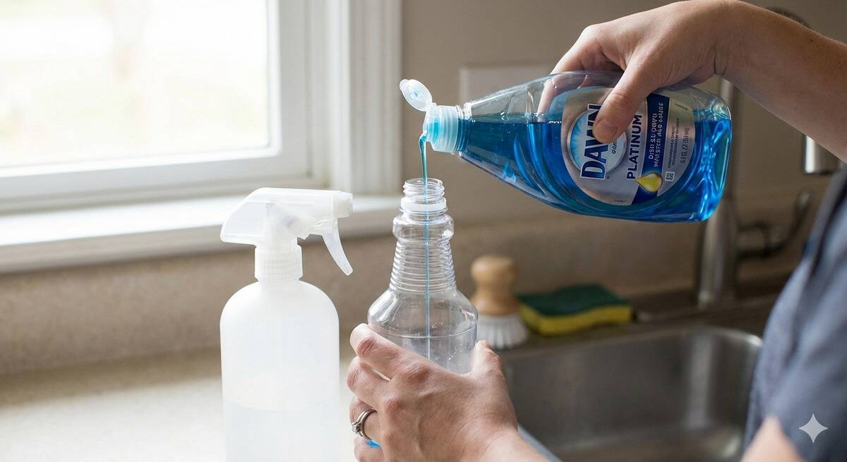 Dish soap being poured into the spray bottle. 