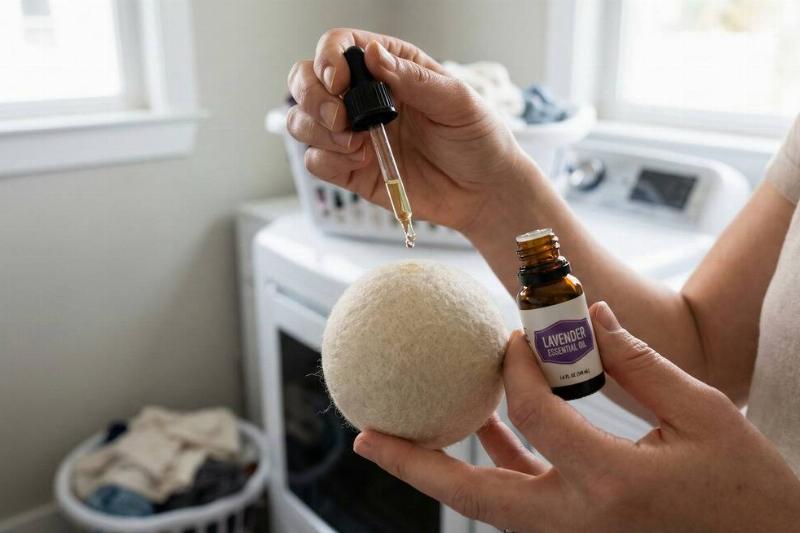A person putting a drop of essential oils on their dryer ball. 