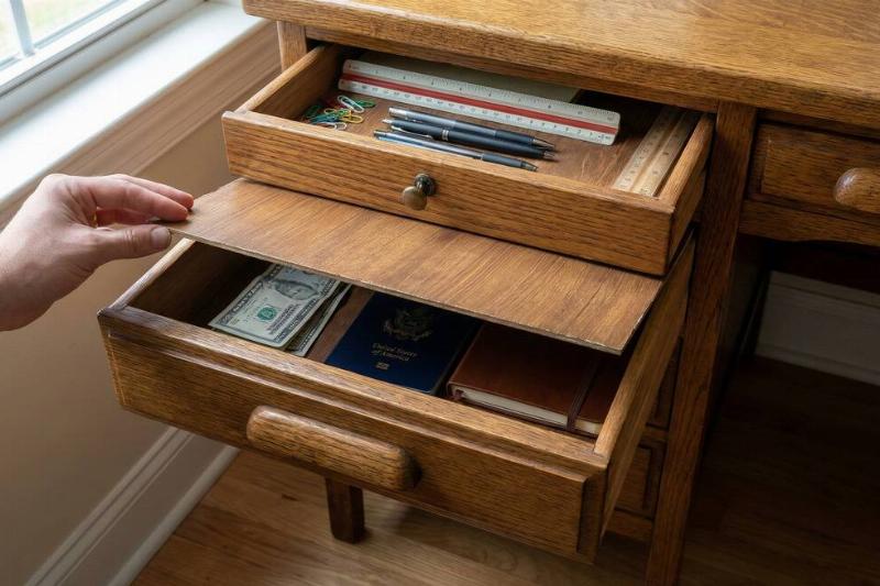 A desk drawer with a false bottom.