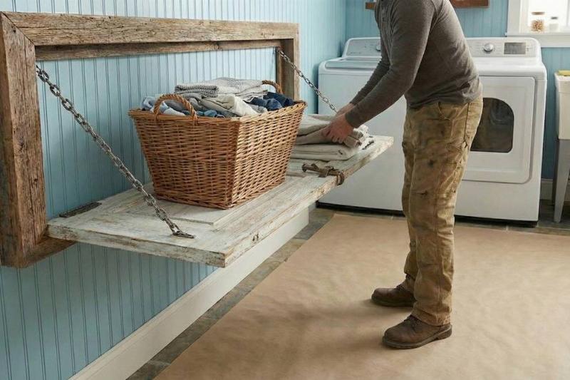 A man using a wall-mounted door to fold clothes. 