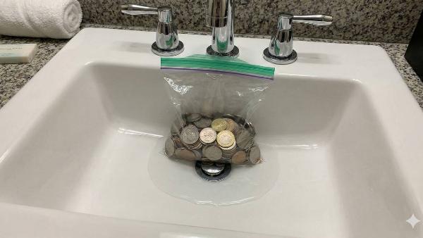 A bag of coins blocking the drain of a hotel sink. 