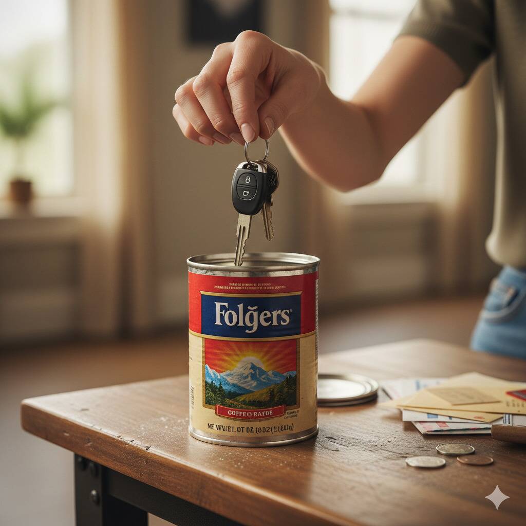 A person putting their car keys in a coffee can.