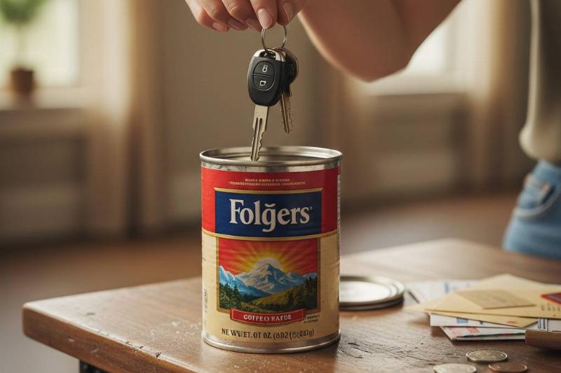 ключи в банке из-под кофе Человек кладет ключи от машины в банку из-под кофе.