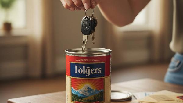 A person putting their car keys in a coffee can.