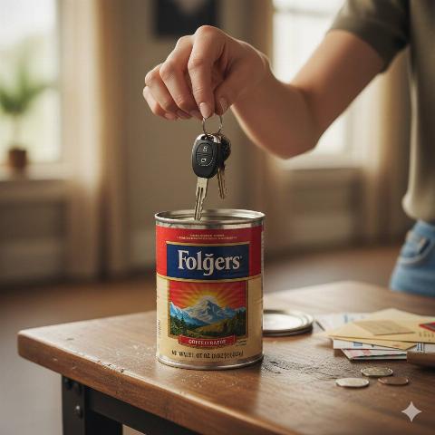 A person putting their car keys in a coffee can.