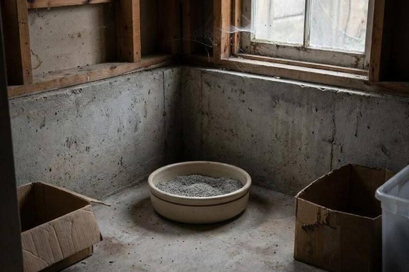 A bowl of kitty litter in the corner of an unfinished basement. 