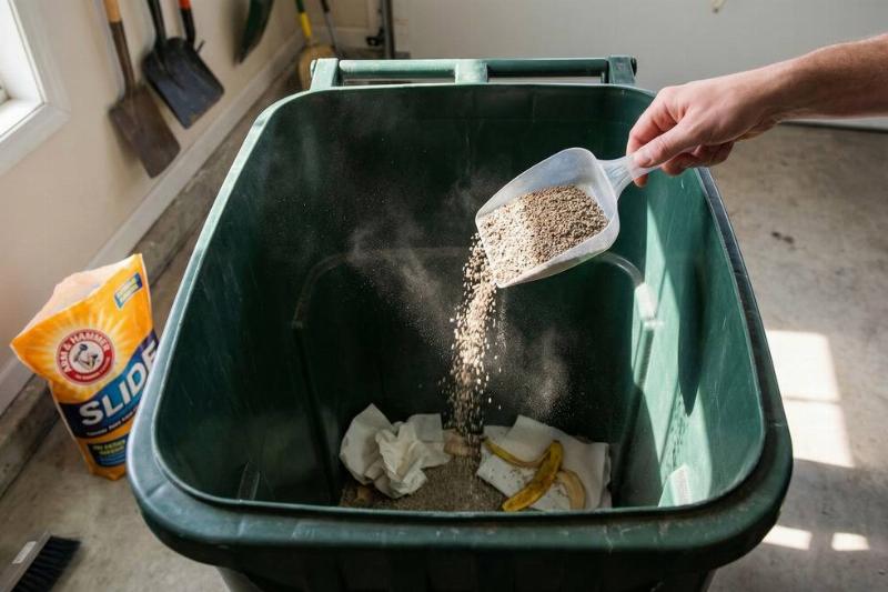 A scoop of kitty litter being poured into the bottom of a garbage can. 