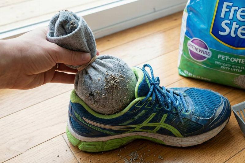 обувь для кошачьего туалета Рука кладет носок, полный кошачьего туалета, в кроссовки.