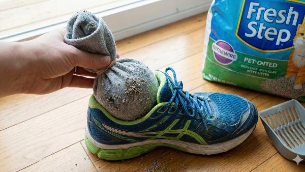 A hand putting a sock full of kitty litter into a running shoe. 