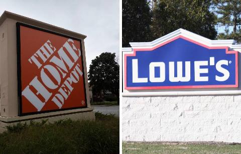 A Home Depot sign and a Lowe's sign.