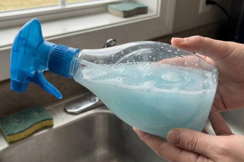 Hands mixing the new mixture of dish soap, rubbing alcohol and water. 