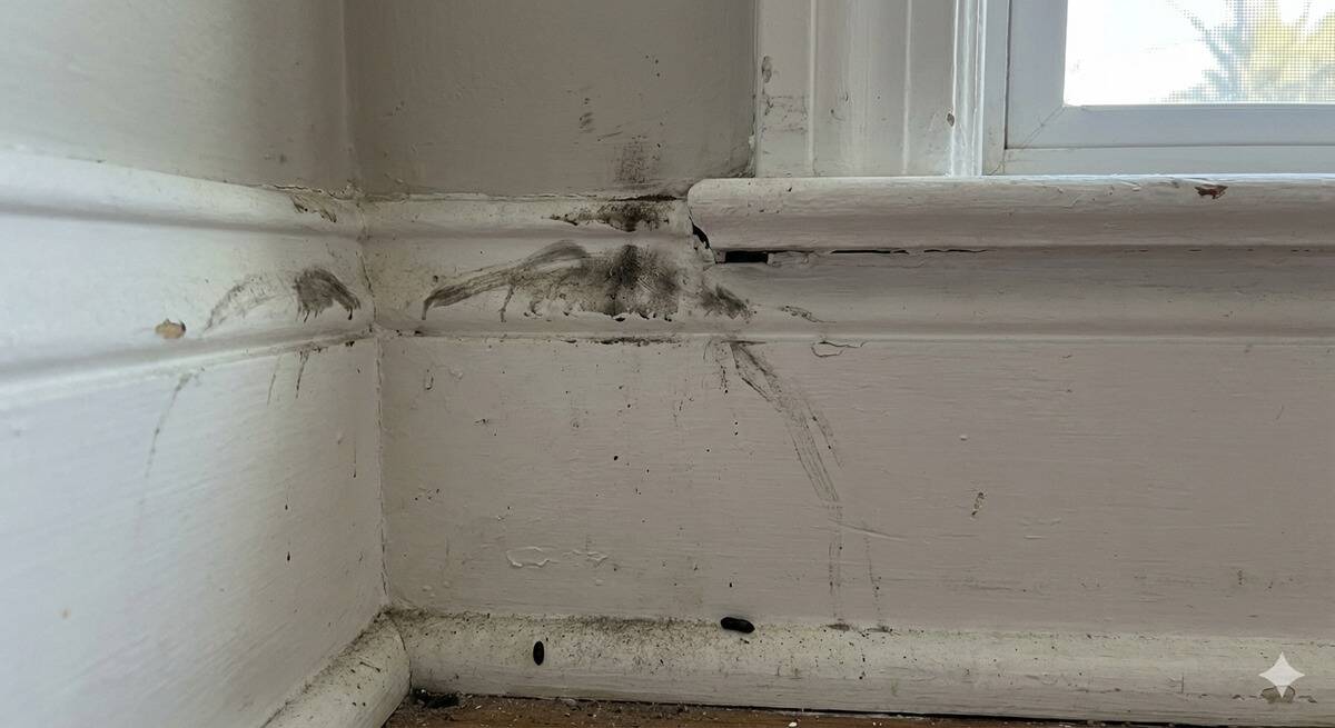 Black smudges on wall from a mouse's fur. 