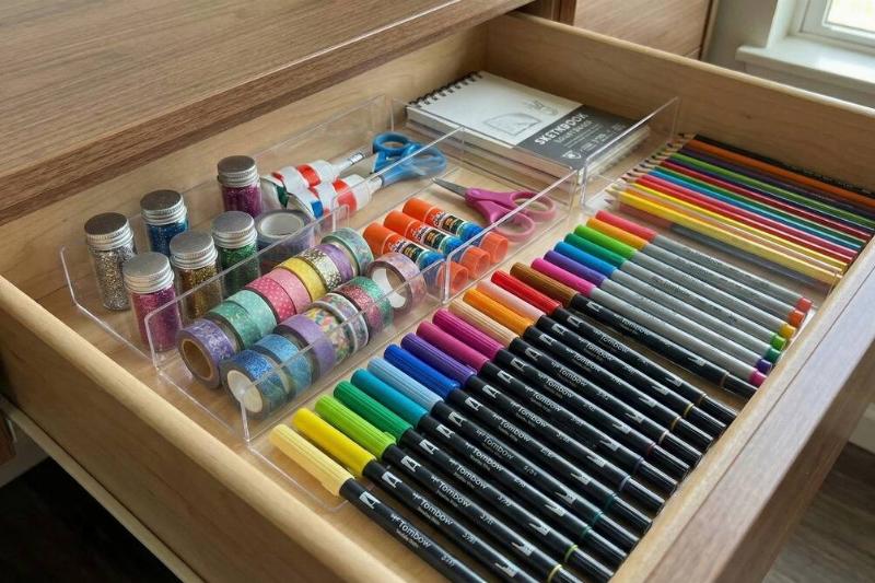 A craft drawer organized by clear picture frames. 