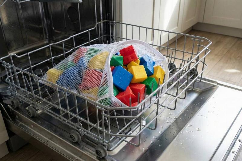 Plastic toys in a wash bag in a dishwasher. 
